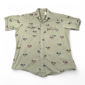 Vintage Western Shirt Adult XL Green Cowboy Rodeo Weather Vane Cattle 90s